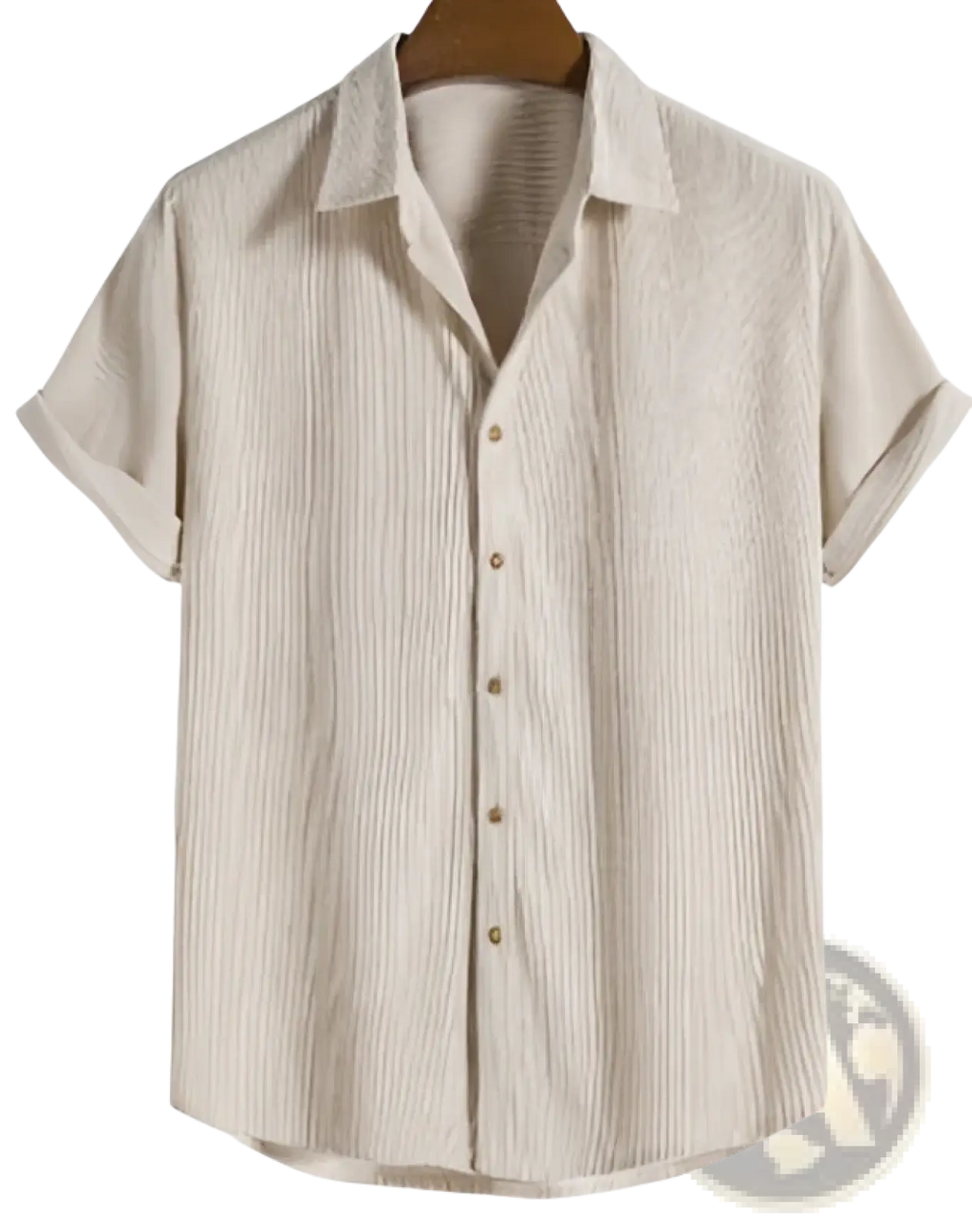 Beige short sleeve mens button up shirt with vertical ribbed texture in lightweight breathable fabric