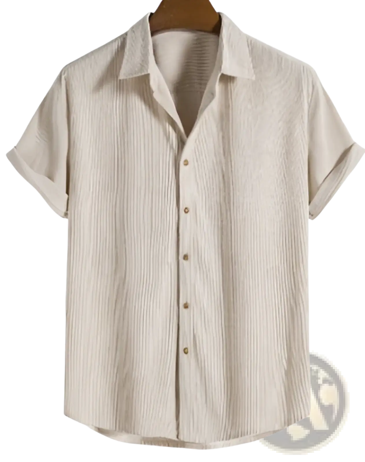 Beige short sleeve mens button up shirt with vertical ribbed texture in lightweight breathable fabric