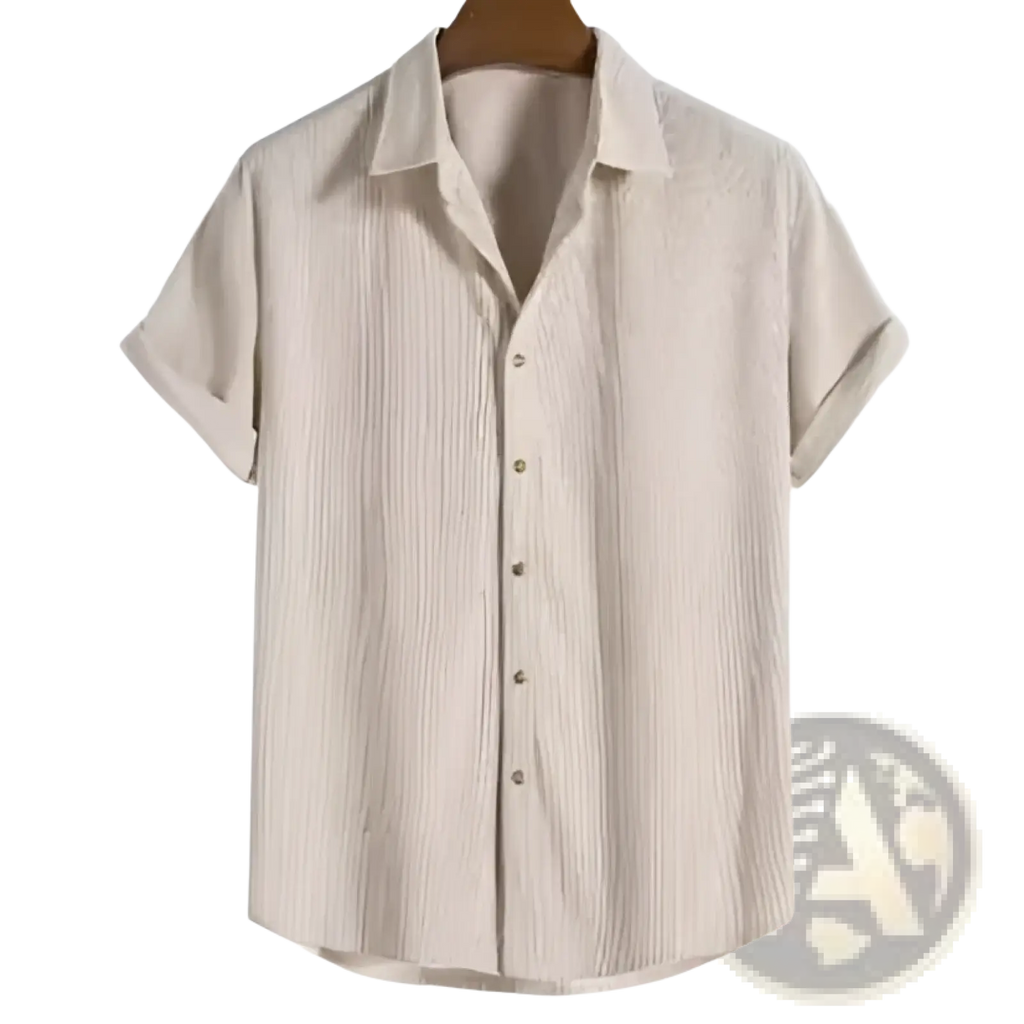 Beige ribbed short sleeve mens button up shirt with subtle vertical stripes for casual or smart wear