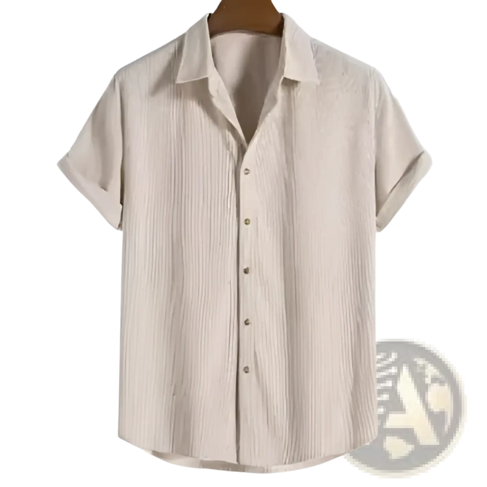 Beige ribbed short sleeve mens button up shirt with subtle vertical stripes for casual or smart wear