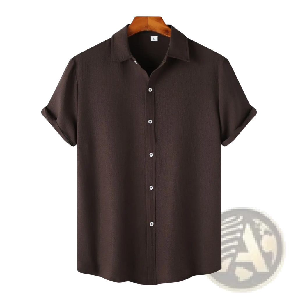 Dark brown ribbed short sleeve mens button up shirt with classic collar and white buttons for casual wear