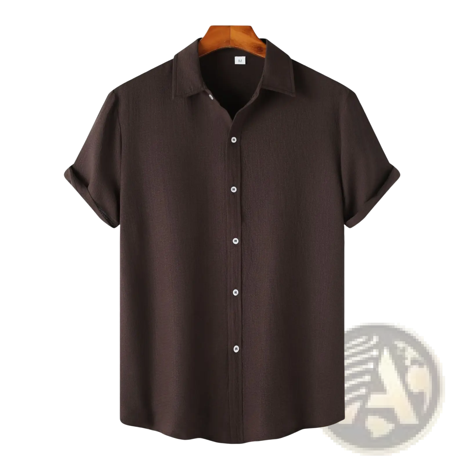 Dark brown ribbed short sleeve mens button up shirt with classic collar and white buttons for casual wear