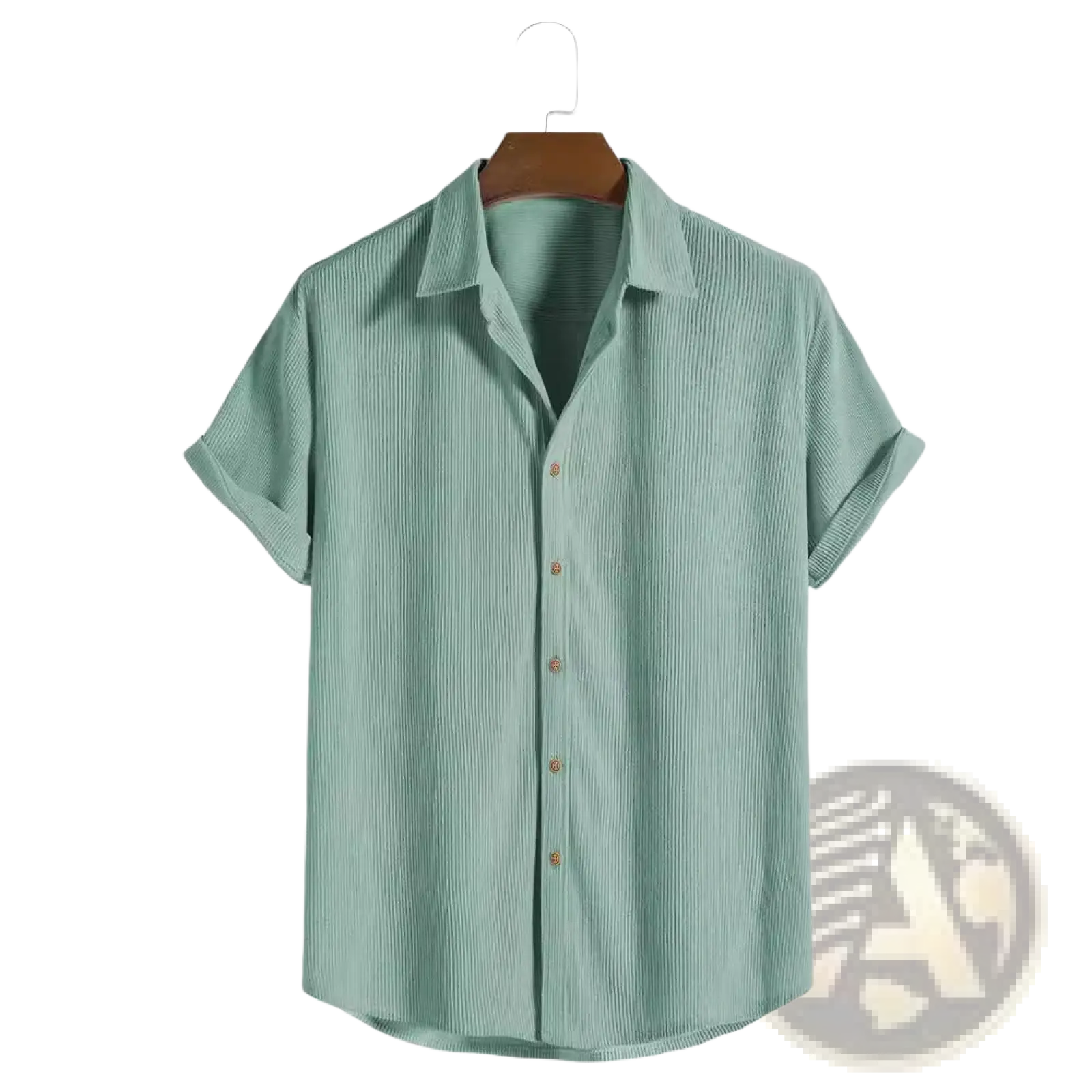 A light green ribbed short sleeve mens button up shirt with vertical texture displayed on a wooden hanger