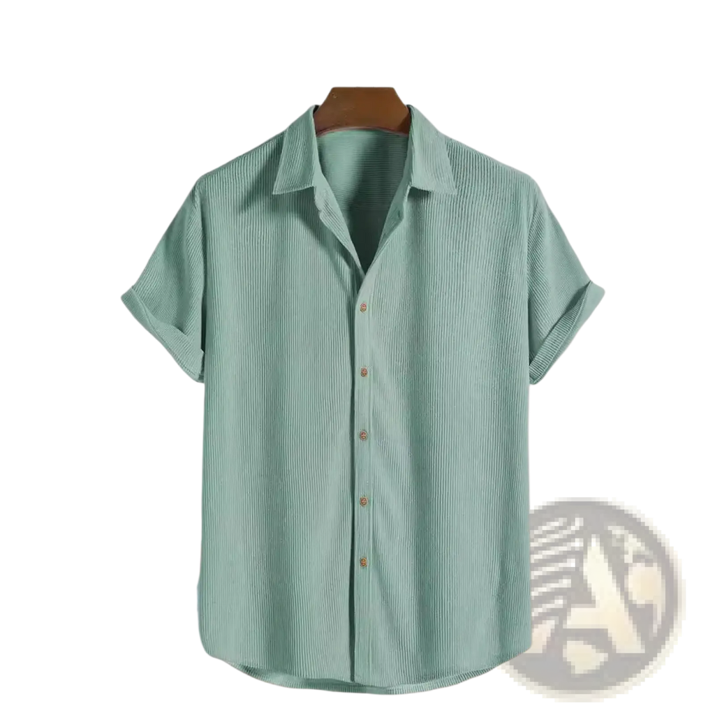 A light green ribbed short sleeve mens button up shirt with vertical texture and classic collar