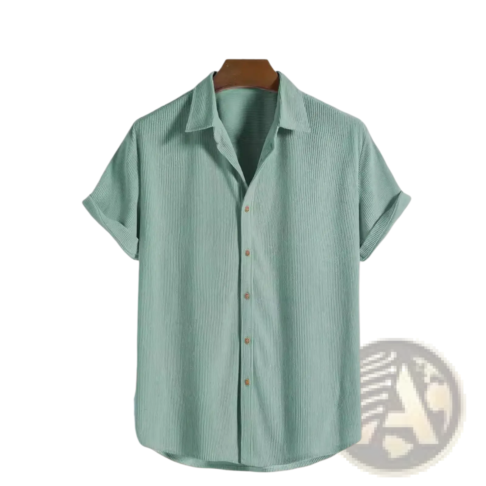 A light green ribbed short sleeve mens button up shirt with vertical texture and classic collar