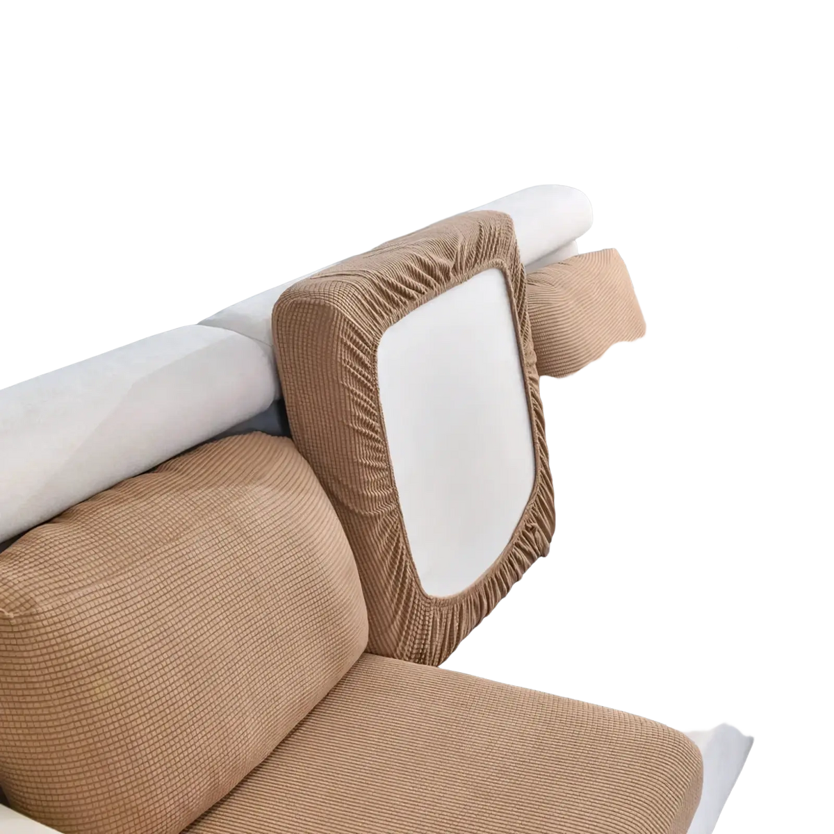 Beige corduroy ribbed stretch sofa cushion slipcover protector with elasticized edges and white central panel