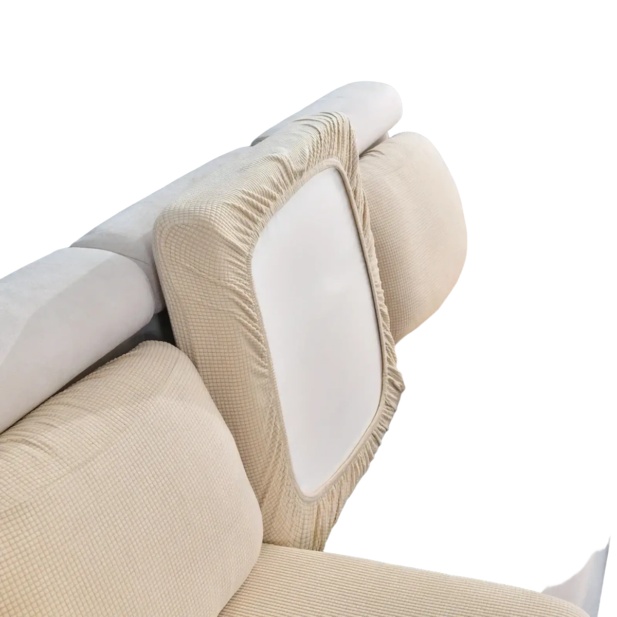 Beige ribbed stretch sofa cushion slipcover protector with elasticized edges and white central panel for sofa protection