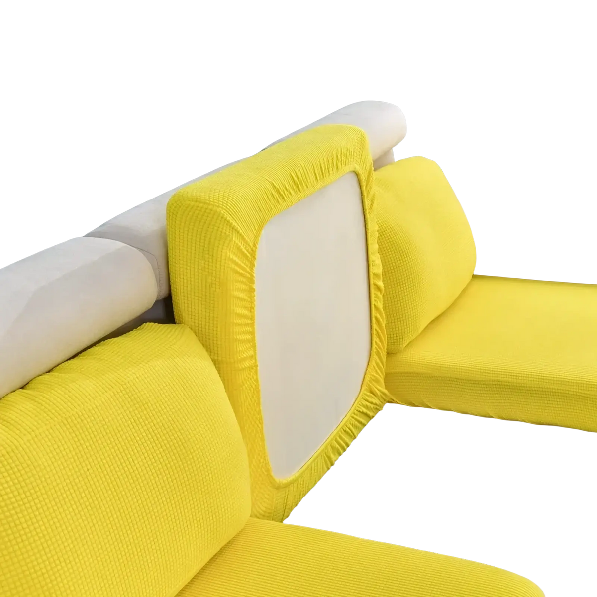 Bright yellow ribbed stretch sofa cushion slipcover protector snugly fits modern sectional with white frame