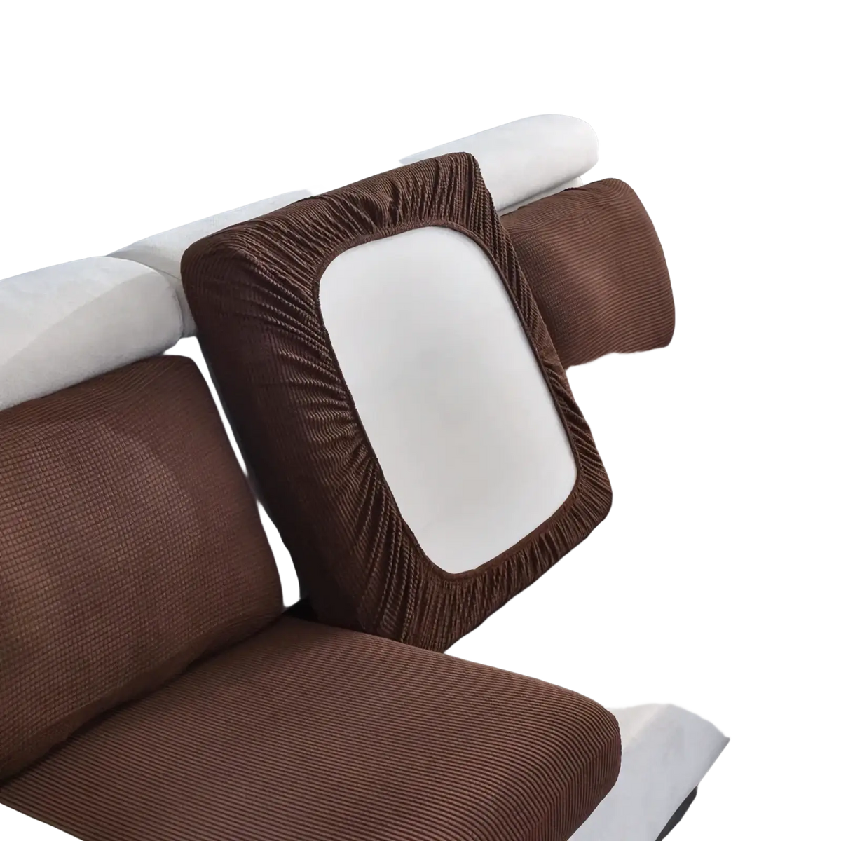 Brown corduroy ribbed stretch sofa cushion slipcover protector with white central panel and elasticized edges