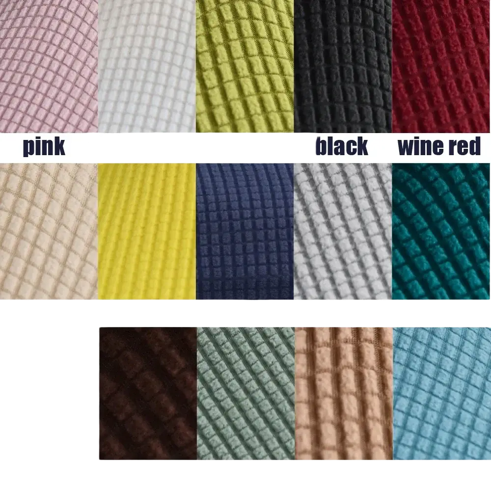 A collection of ribbed stretch sofa cushion slipcover protector fabric swatches in various colors including pink cream green and navy