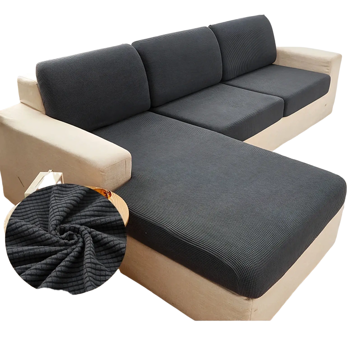 Dark gray ribbed stretch sofa cushion slipcover protector with textured elastic fabric fitting snugly over cushions