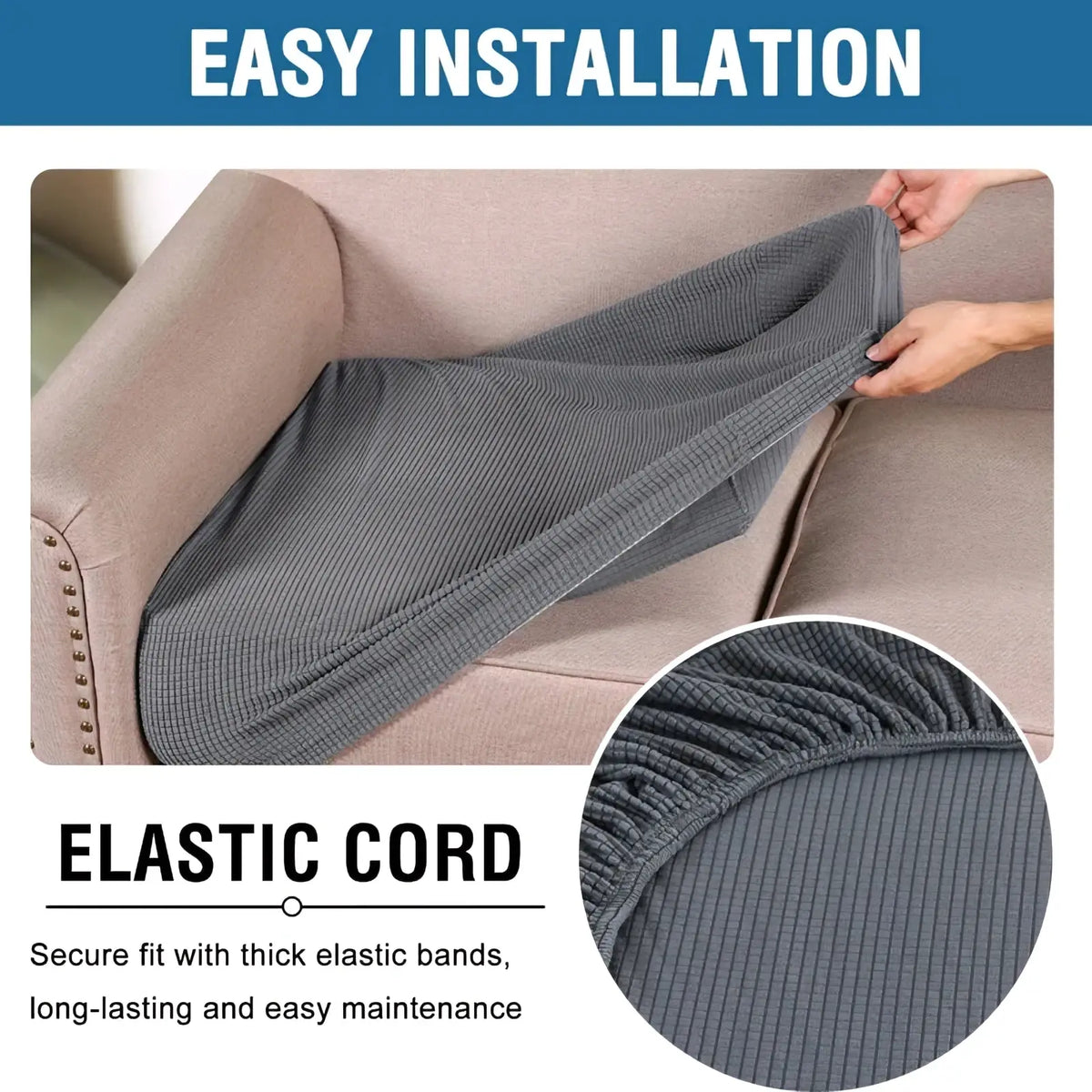 Gray ribbed stretch sofa cushion slipcover protector with elastic cord detailing for secure fit
