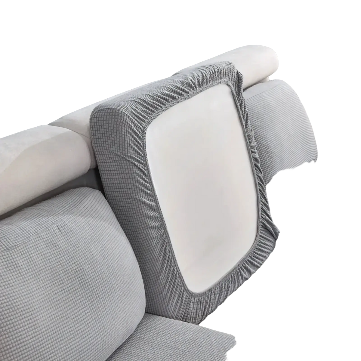 Gray ribbed stretch sofa cushion slipcover protector with elasticized edges and white textured fabric central panel