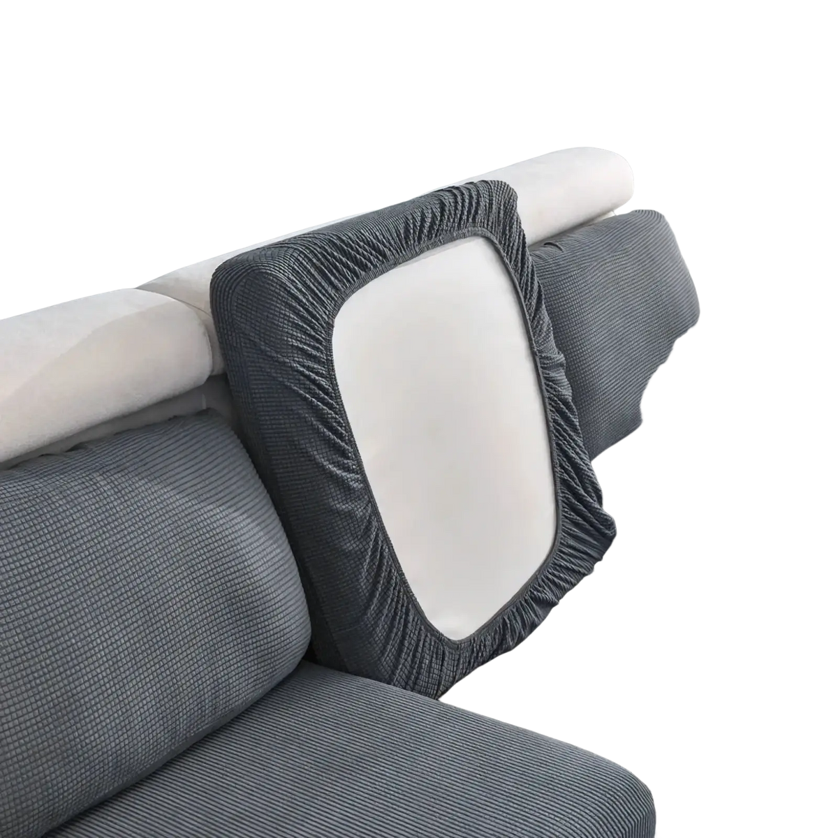 Back side of gray ribbed stretch sofa cushion slipcover protector with textured fabric and white central panel