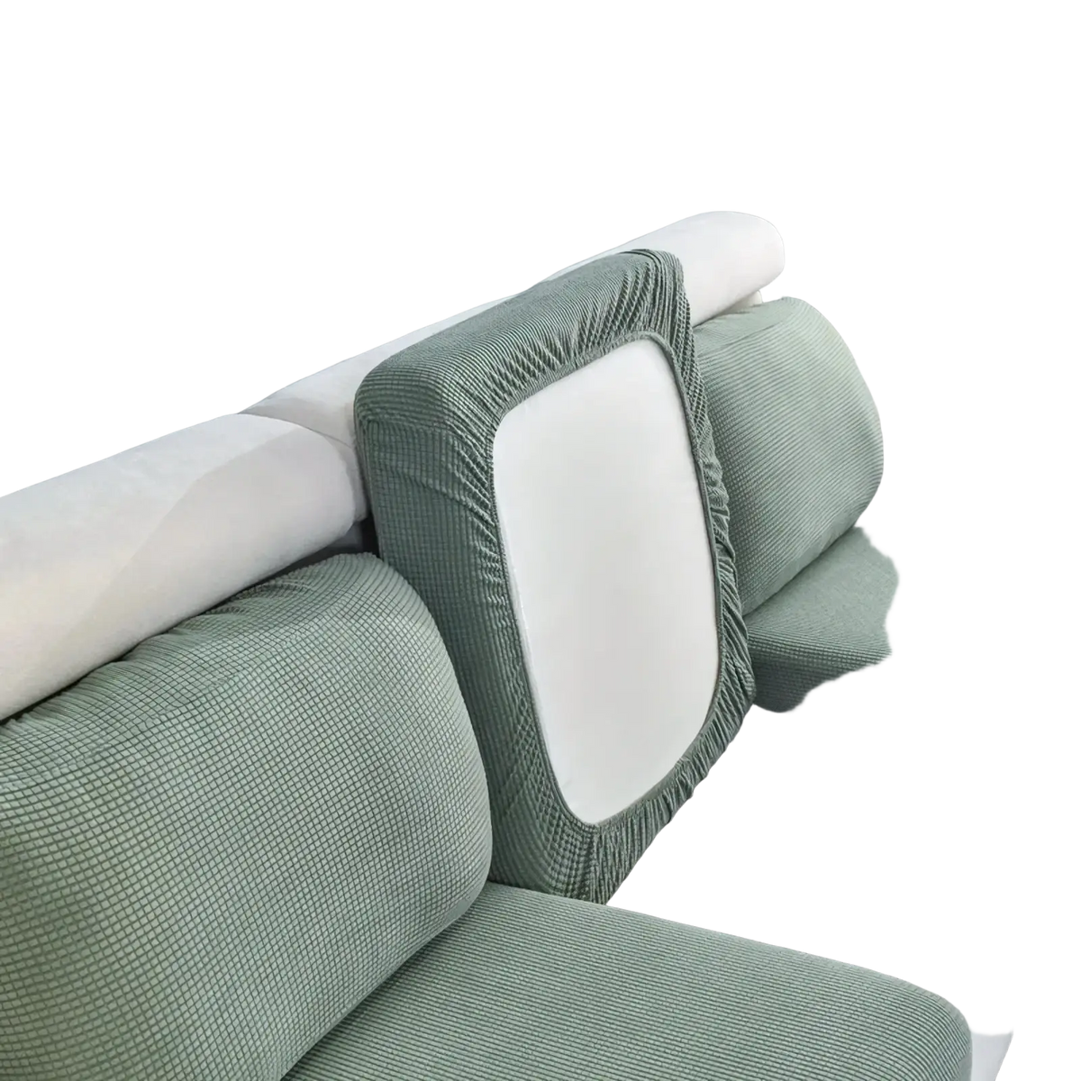 Green corduroy ribbed stretch sofa cushion slipcover protector with a white central panel for sofa protection