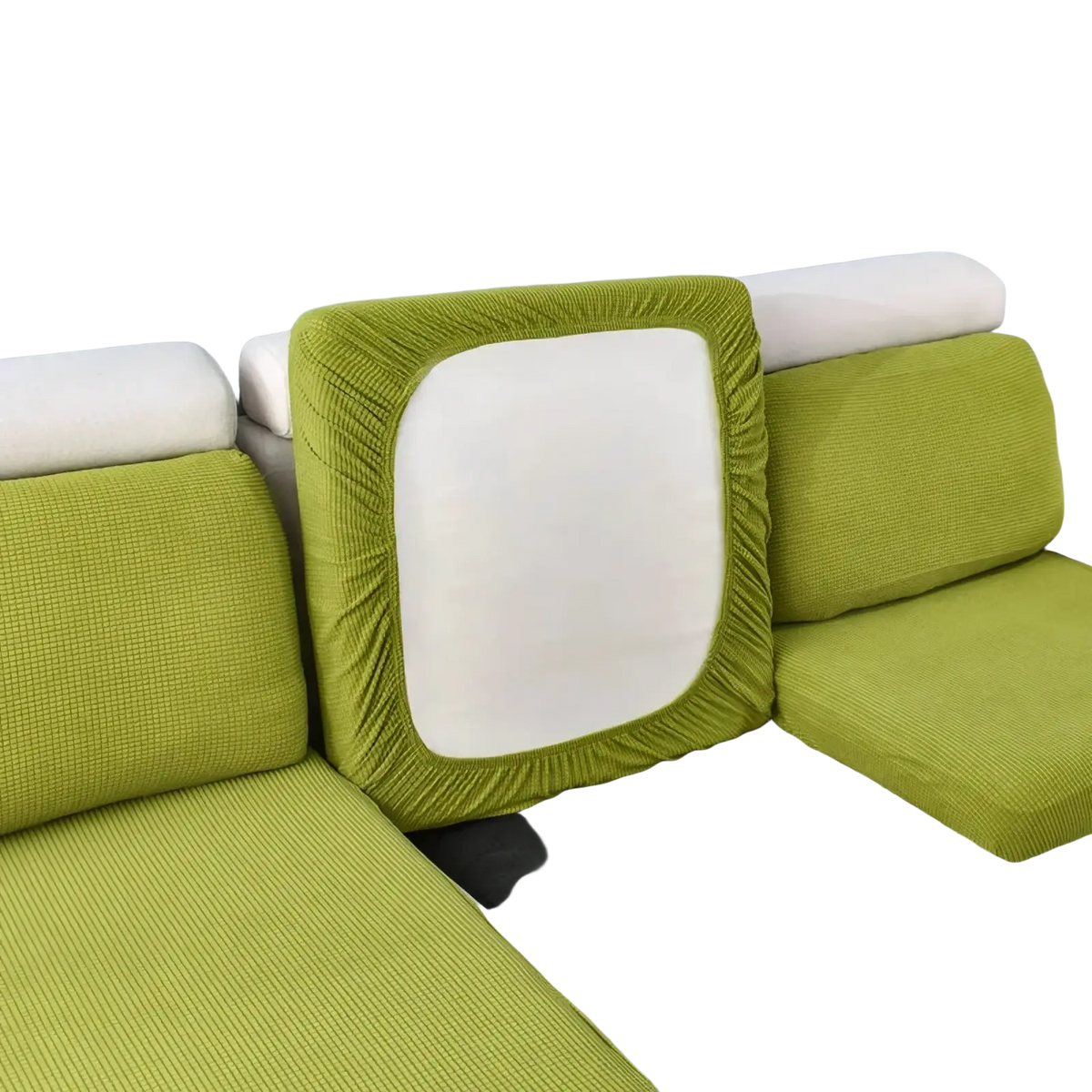Green ribbed stretch sofa cushion slipcover protector with white central panel for durable fabric coverage