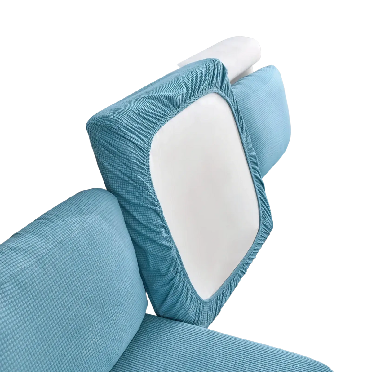 Ribbed stretch sofa cushion slipcover protector in light blue textured fabric with a white central panel