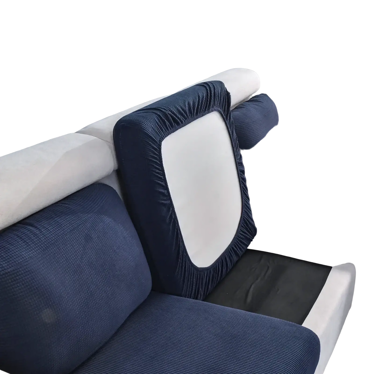 Navy blue corduroy ribbed stretch sofa cushion slipcover protector with white central panel and elasticated edges