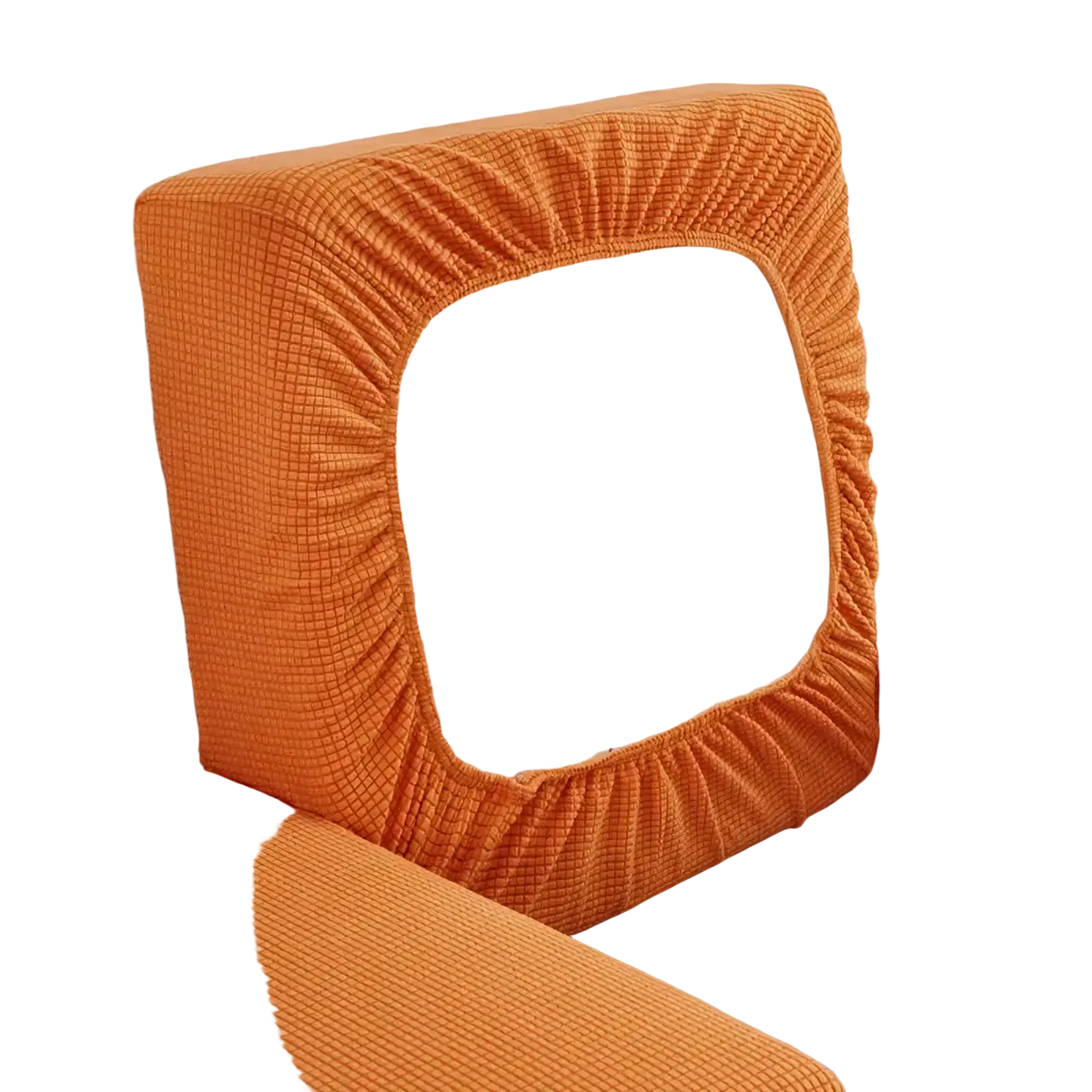 Orange ribbed stretch sofa cushion slipcover protector with textured fabric, elasticized edges, and central white cutout