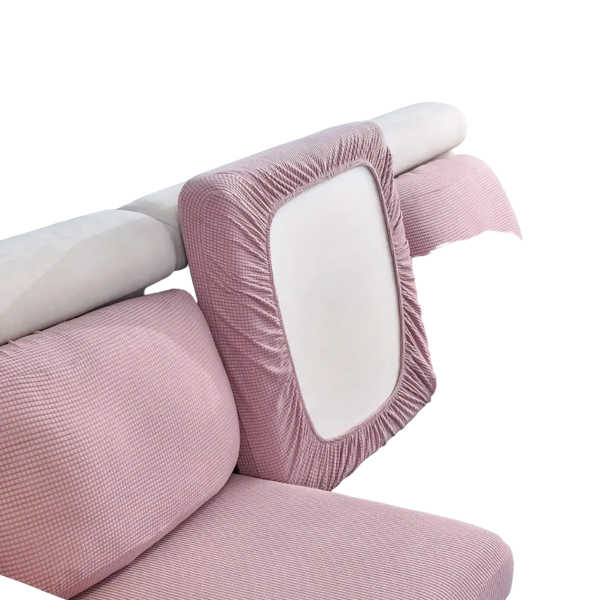 Pink ribbed stretch sofa cushion slipcover protector with textured fabric, elasticized edges, and white central panel