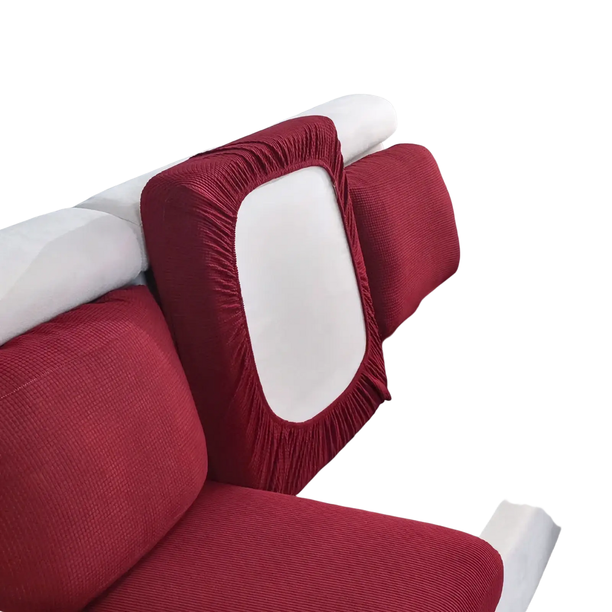 Red corduroy ribbed stretch sofa cushion slipcover protector with white central panel for couch protection