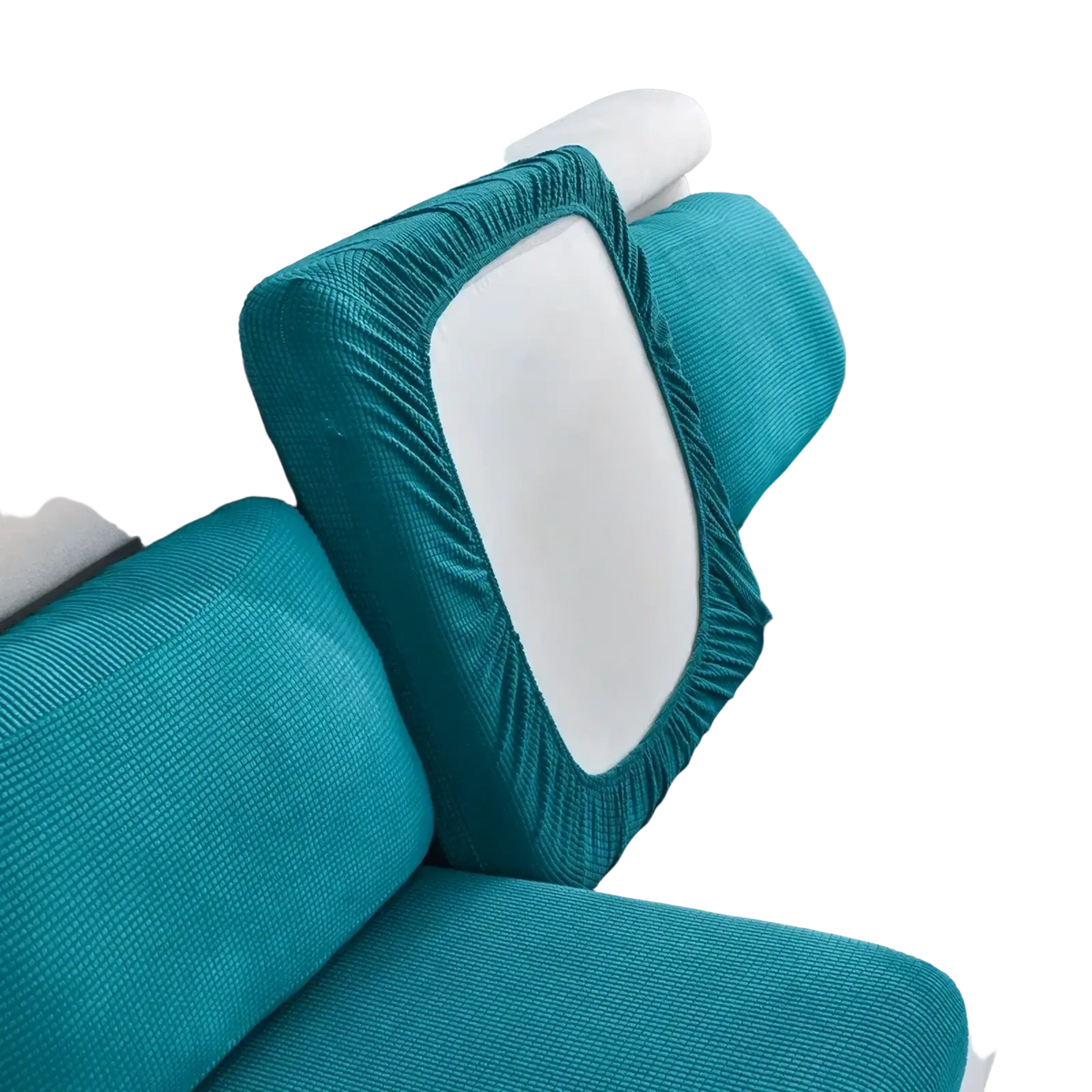 Teal ribbed stretch sofa cushion slipcover protector with white central panel for fabric sofa protection