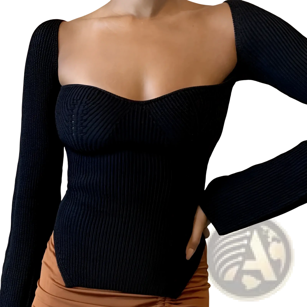 Black ribbed knit long-sleeve top with square neckline and fitted silhouette for stylish casual wear