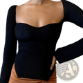 Black ribbed knit long-sleeve top with square neckline and fitted silhouette for stylish casual wear