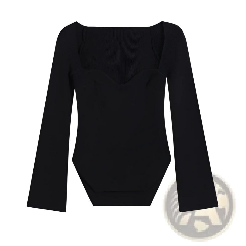 Black ribbed long-sleeved knit bodysuit with square neckline and flared sleeves perfect for stylish layering