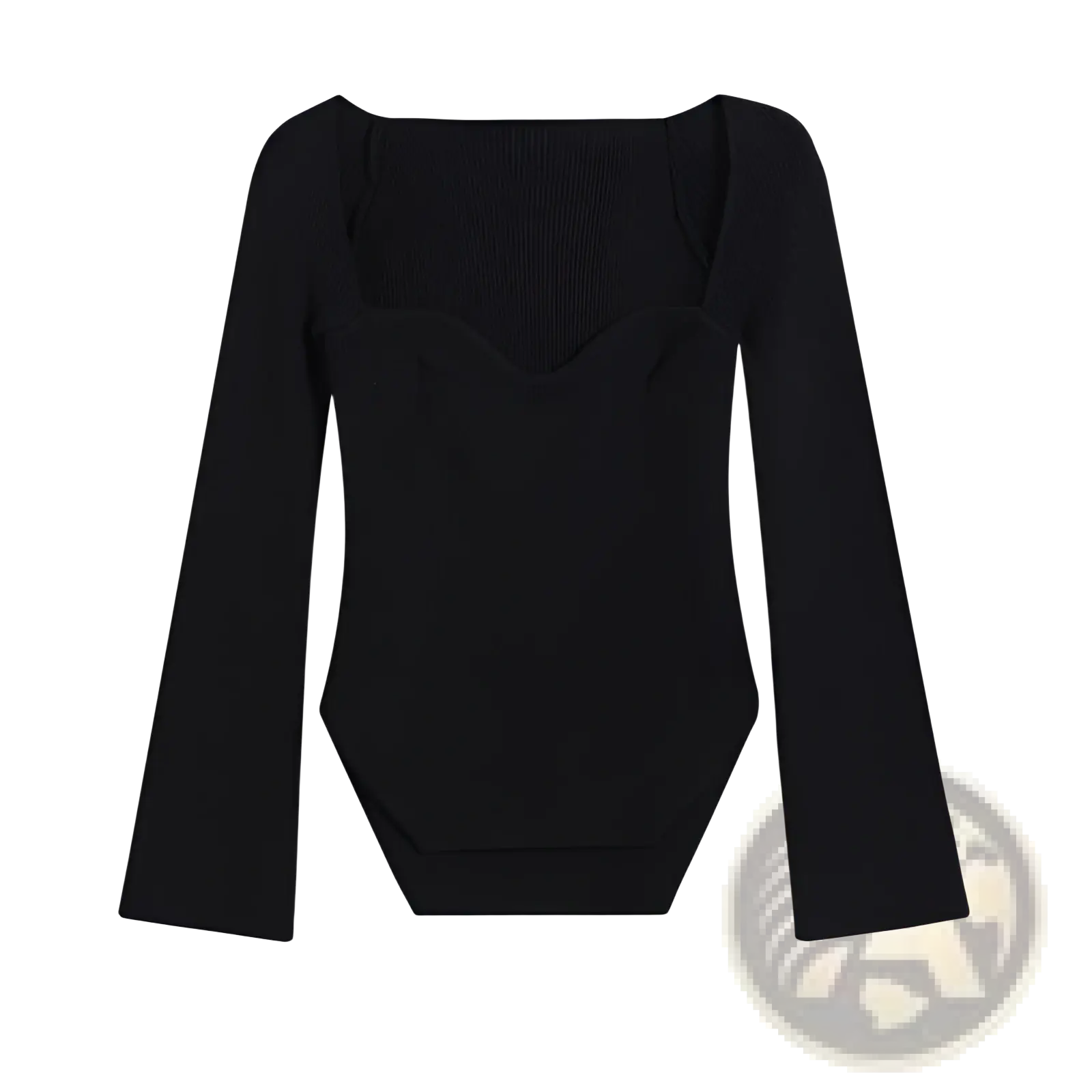 Black ribbed long-sleeved knit bodysuit with square neckline and flared sleeves perfect for stylish layering