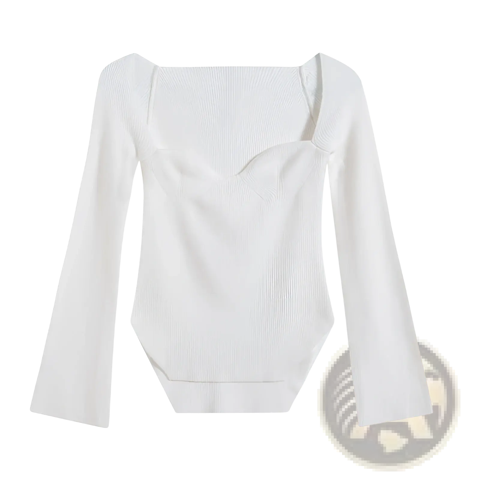 White ribbed long sleeve knit pullover with square neckline and flared sleeves for casual wear