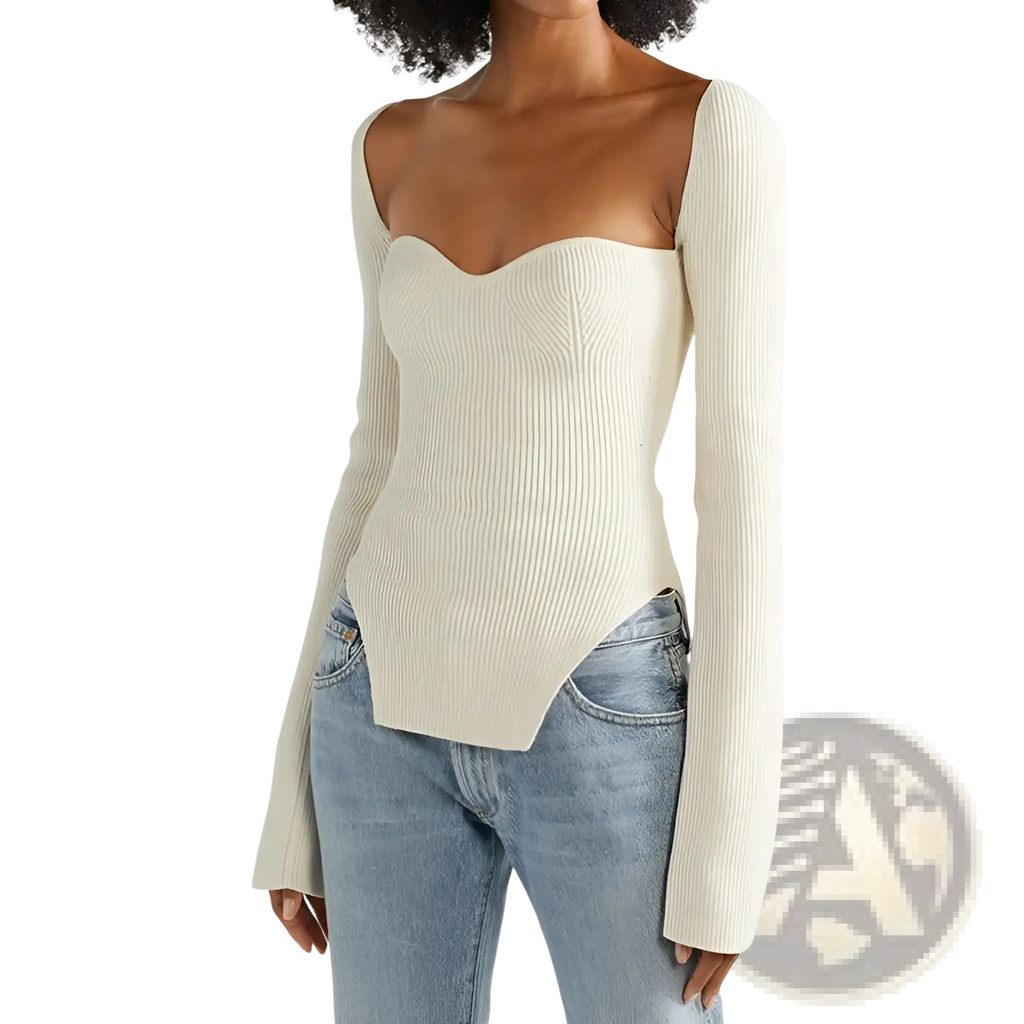 Cream-colored ribbed knit pullover with long sleeves and sweetheart neckline for casual and elegant wear