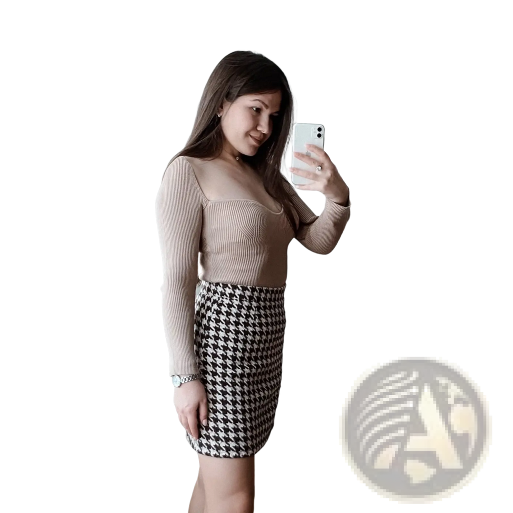 Beige ribbed knit pullover with a square neckline and long sleeves in a lightweight cotton blend fabric