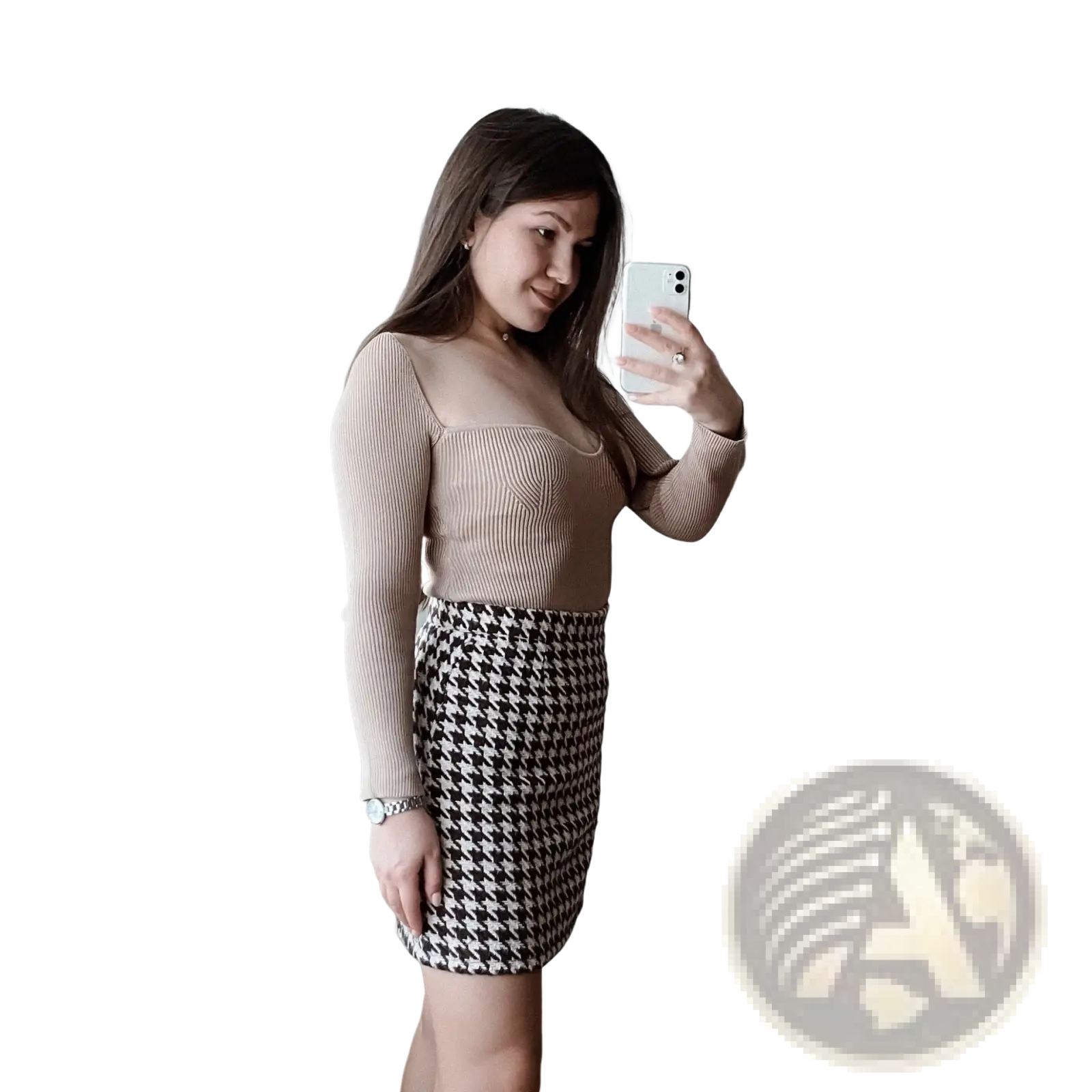 Beige ribbed knit pullover with a square neckline and long sleeves in a lightweight cotton blend fabric