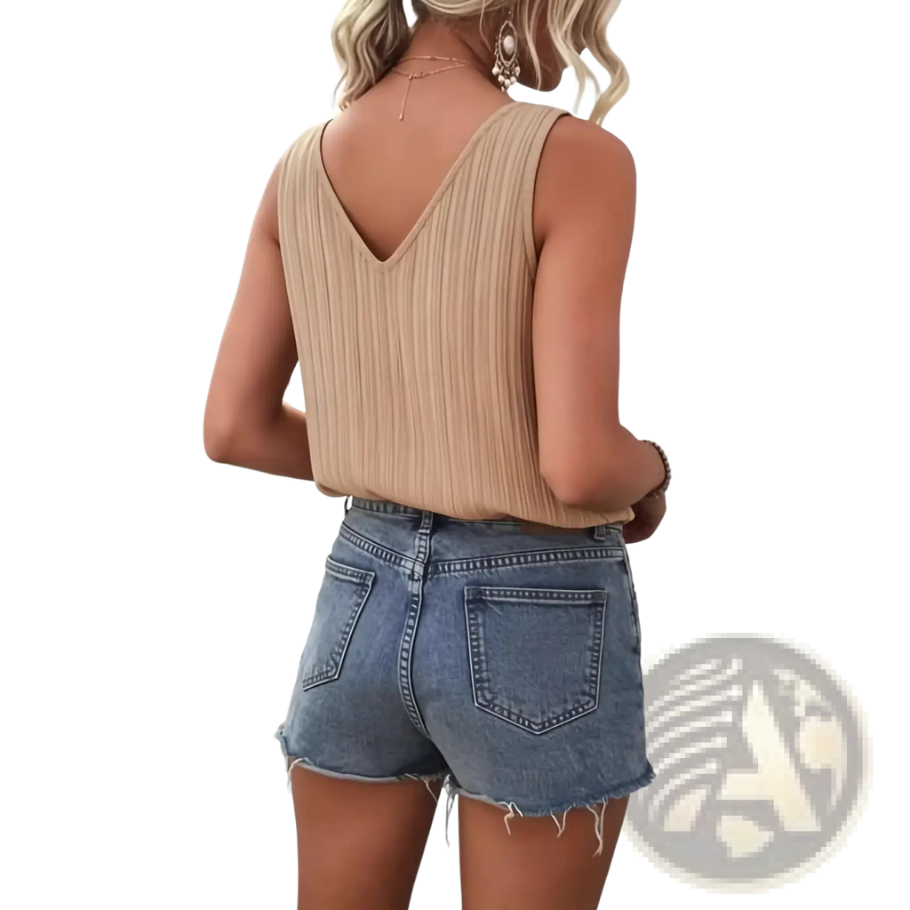 Beige ribbed knit camisole top showing deep v-back design with sleeveless style and soft ribbed texture