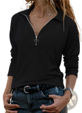 Black ribbed long-sleeve zip collar top with silver zipper pull and collar suitable for casual or office wear