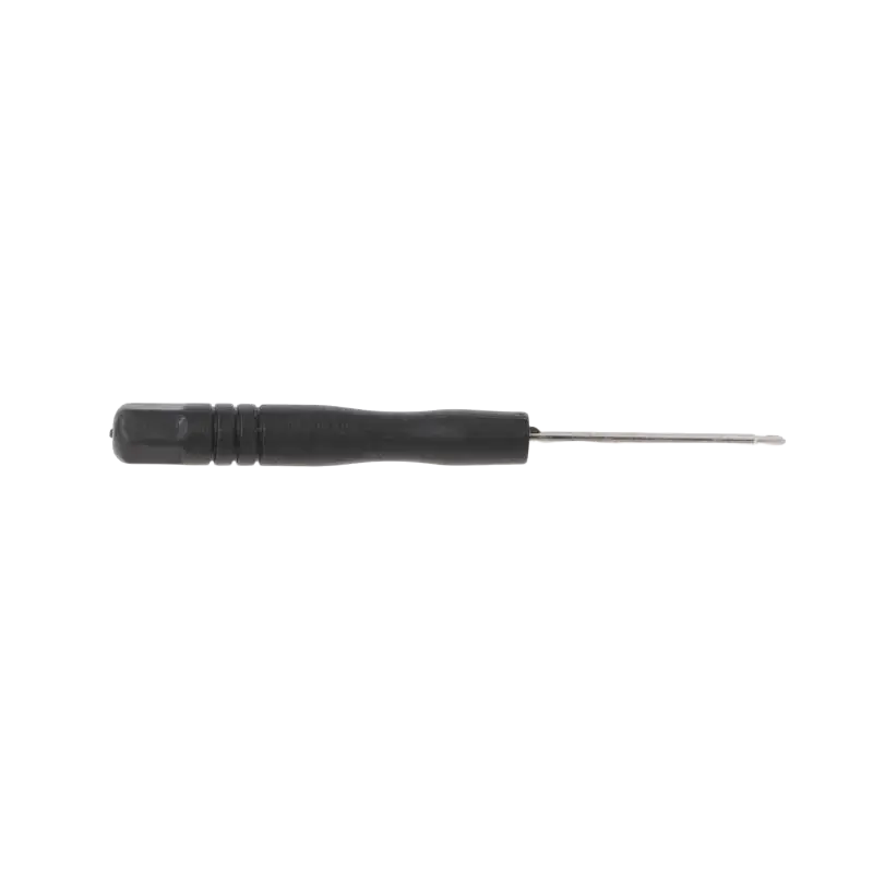 Black-handled precision screwdriver with metallic shaft and fine-point tip for ribbon cable and power switch cable assembly