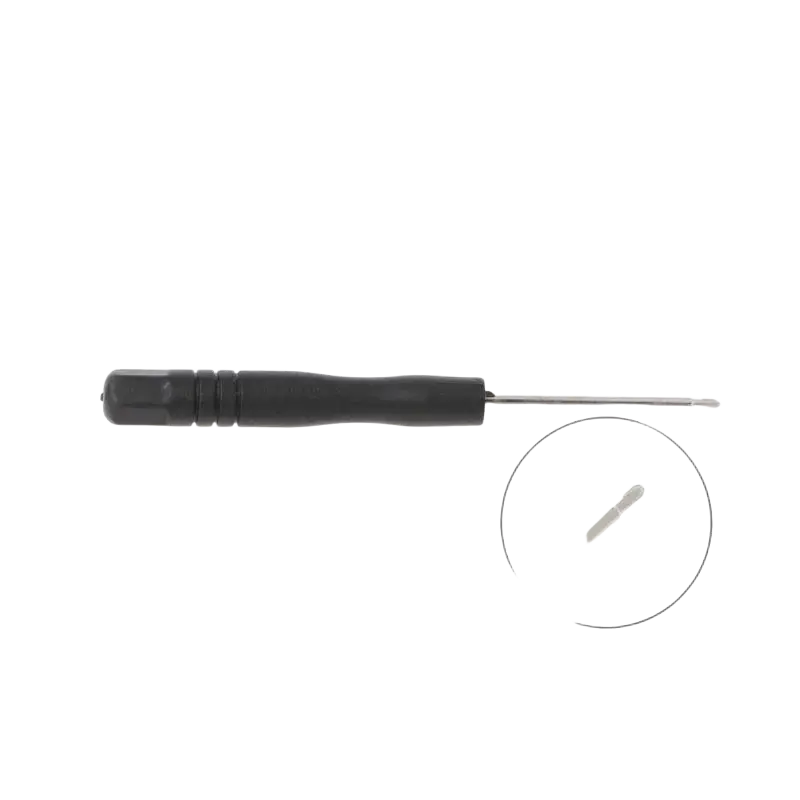 Black-handled precision screwdriver with slender metallic shaft and rounded tip for ribbon cable and power switch cable use