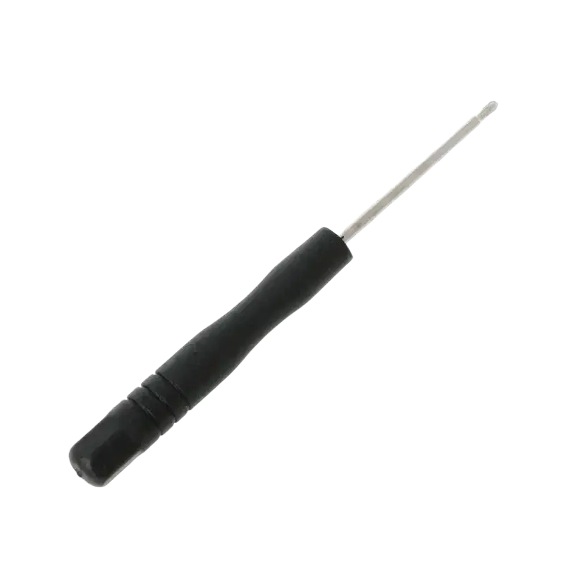 Black-handled precision screwdriver with metallic shaft included in ribbon cable and power switch set for controller repair