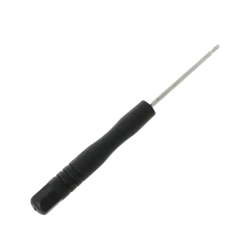 Black-handled precision screwdriver with slender metallic shaft for ribbon cable and power switch controller set maintenance
