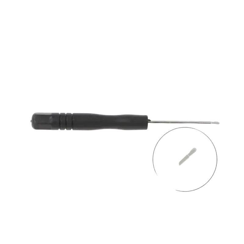 Black-handled metallic shaft screwdriver with inset tip detail for ribbon cable and power switch controller set