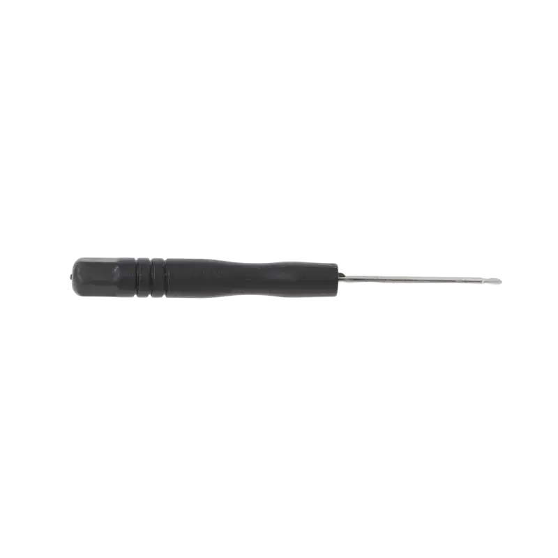 Black plastic-handled screwdriver with metallic shaft for use in ribbon cable and power switch controller set