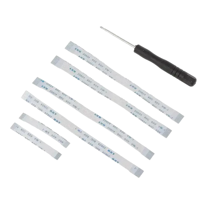 Set of seven flexible flat ribbon cables with printed specs and black-handled screwdriver for power switch controller
