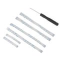 Set of seven flexible flat ribbon cables with printed specs and black-handled screwdriver for power switch controller