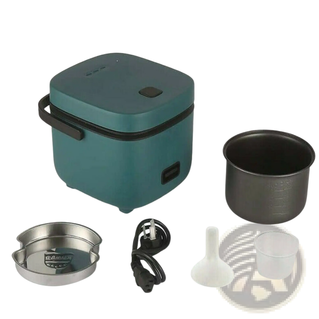 Teal rice cooker 1.2l electric steamer with a black handle and control panel featuring a nonstick liner