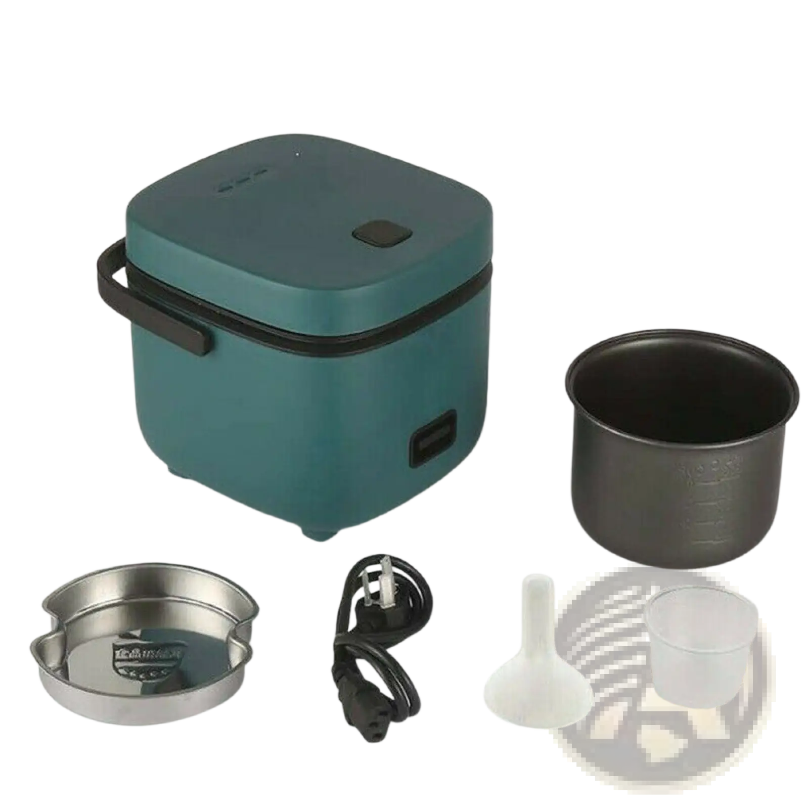 Teal rice cooker 1.2l electric steamer with a black handle and control panel featuring a nonstick liner