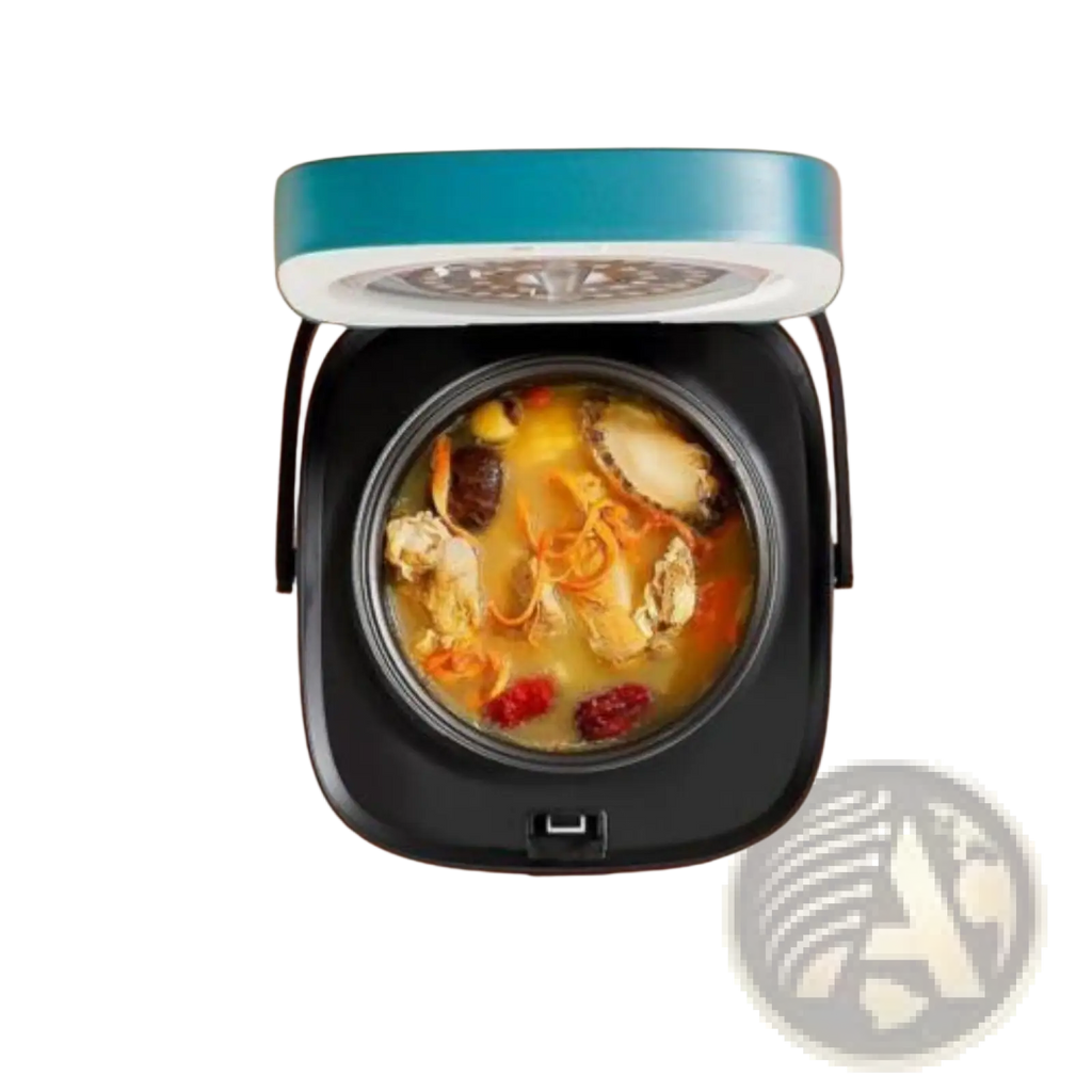 Teal and black 1.2l electric rice cooker with white lid and nonstick liner cooking rich chicken broth stew