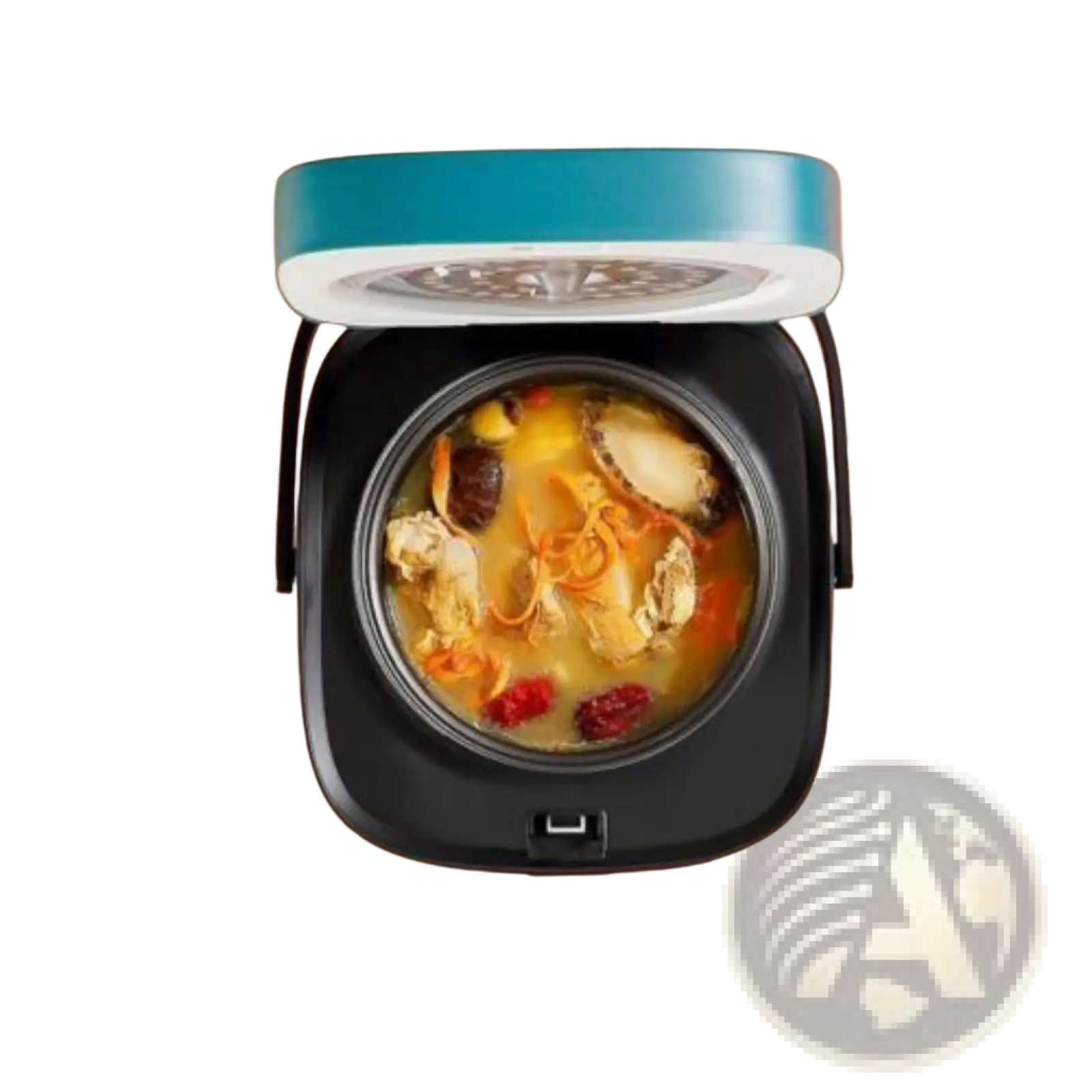 Teal and black 1.2l electric rice cooker with white lid and nonstick liner cooking rich chicken broth stew
