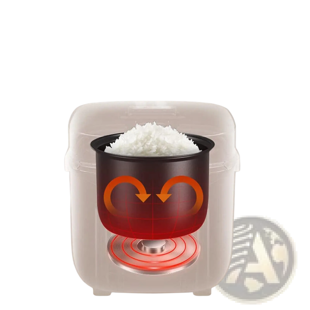 Black rice cooker pot with transparent casing, orange heat circulation graphics, and red heating element base for electric steaming