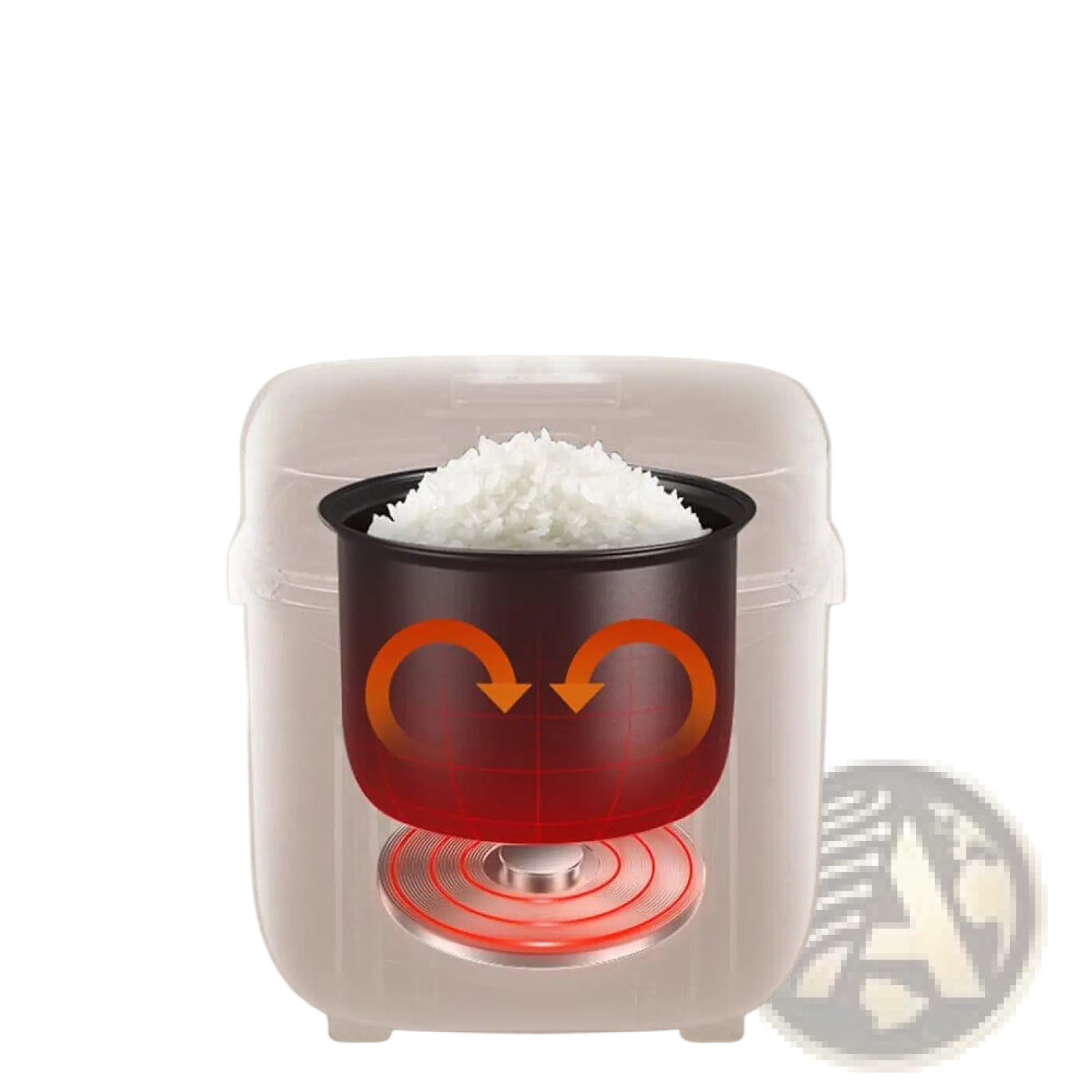 Black rice cooker pot with transparent casing, orange heat circulation graphics, and red heating element base for electric steaming